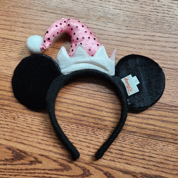 Disney Mouse Ears Headband Holiday Pink Sequins Elf or Santa Hat RARE - Picture 2 of 3